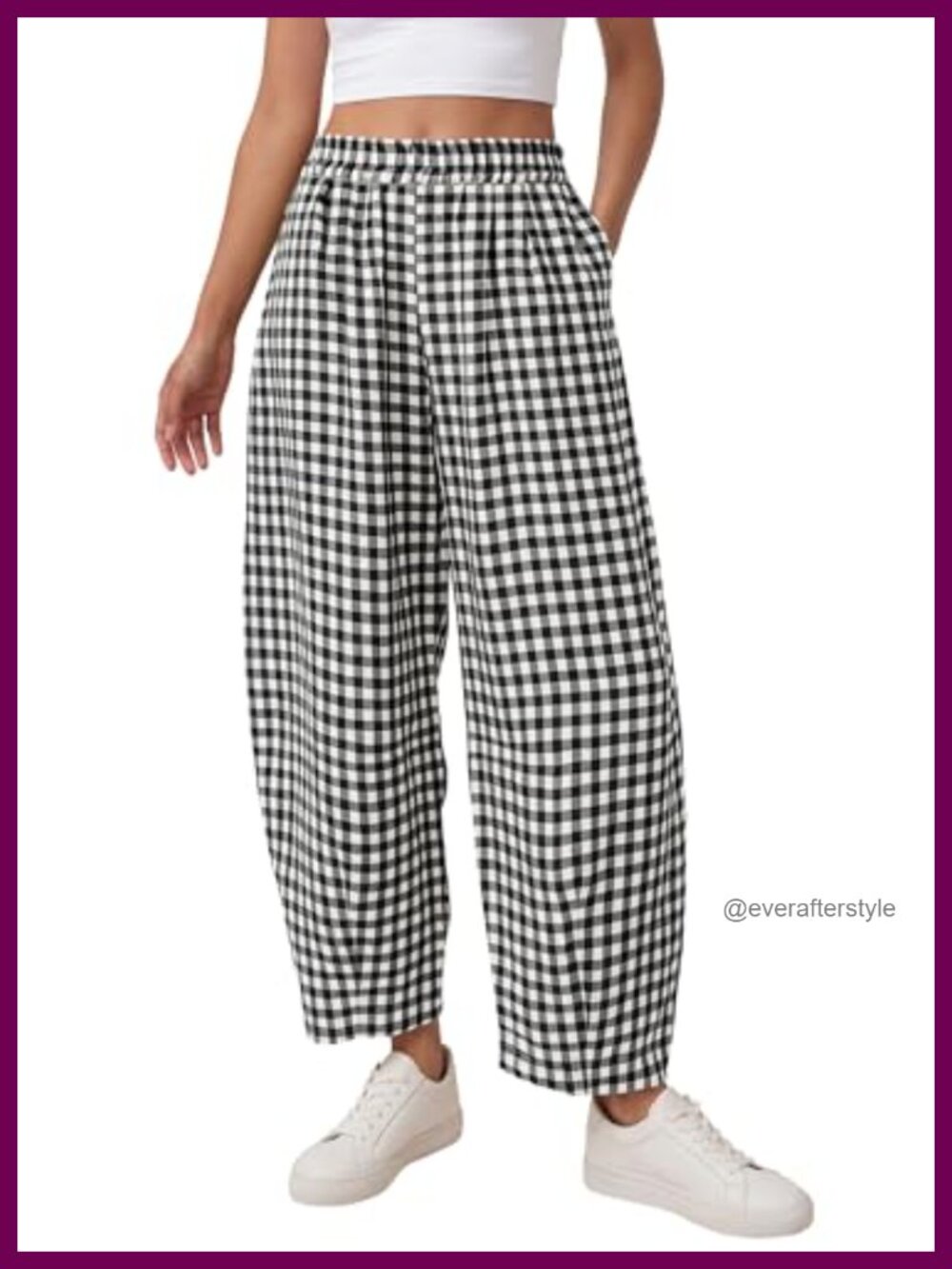 Plaid Barrel Pants Wide Leg Pull-On Elastic Waist Casual